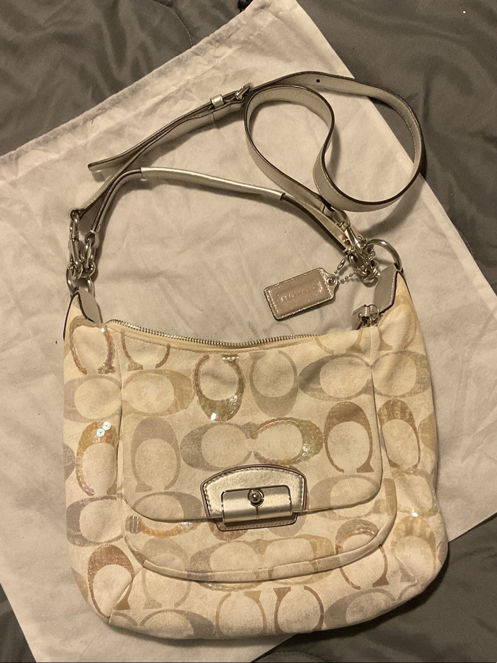 Coach Signature Kristin Sequin Fabric Tan Hobo Bag